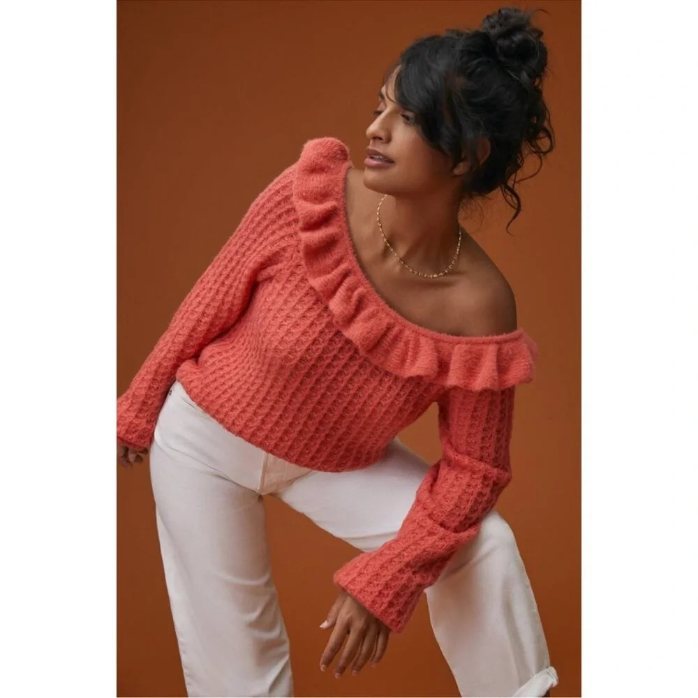 Anthropologie Ruffled Boat Neck Sweater in Pink feminine wool sexy